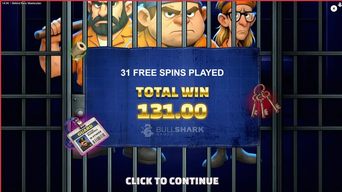 Tampilan visual slot Behind Bars Masterplan dengan tema penjara kartun