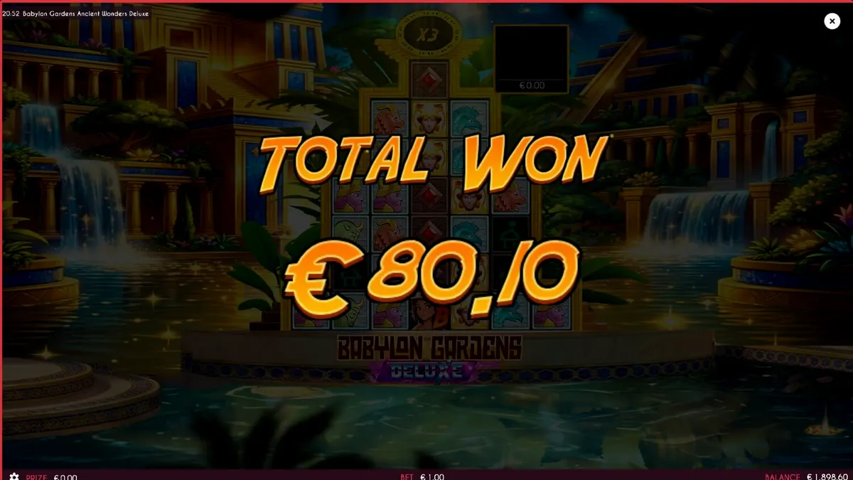 Tampilan layar ponsel menampilkan slot Babylon Gardens Ancient Wonders Deluxe dengan latar belakang taman gantung yang megah.