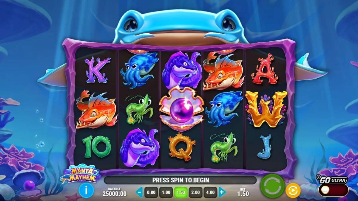 Tampilan visual slot Manta Mayhem dengan tema bawah laut yang cerah