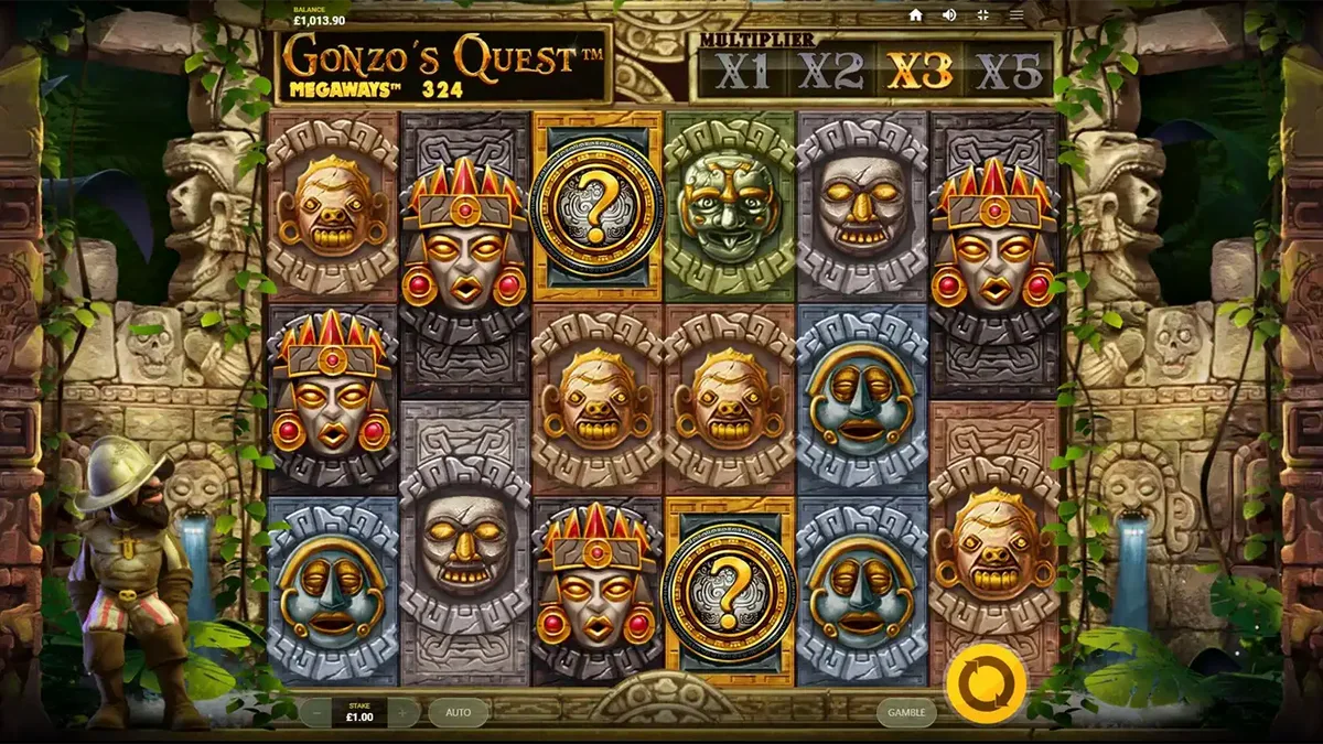 Gonzo’s Quest Megaways slot gameplay dengan latar reruntuhan kuno